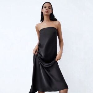 NWT Zara Satin effects black strapless dress